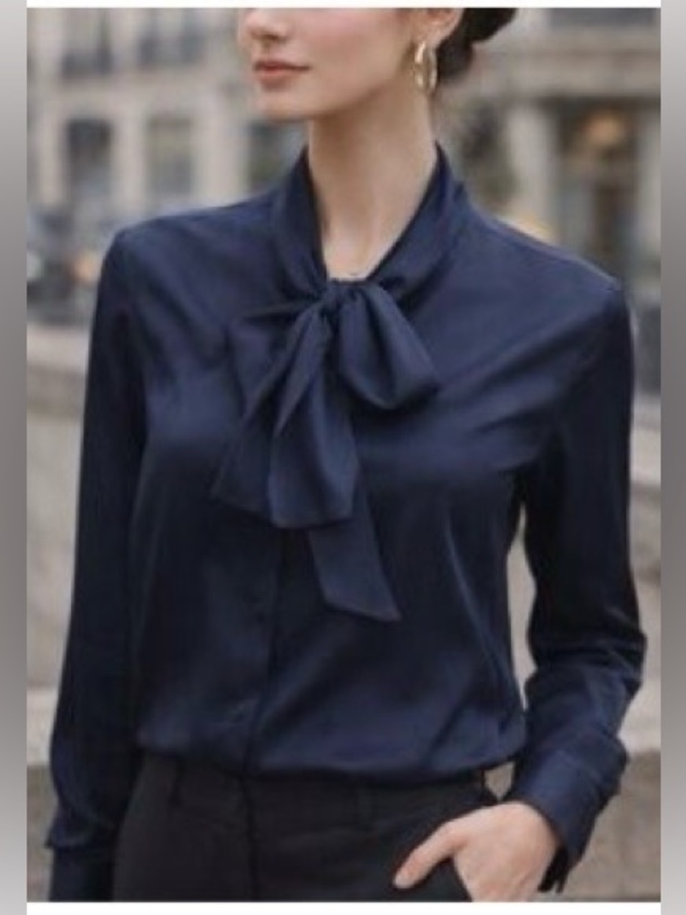 Tory Burch Navy Silk Long-Sleeve Blouse with Neck Tie size 0